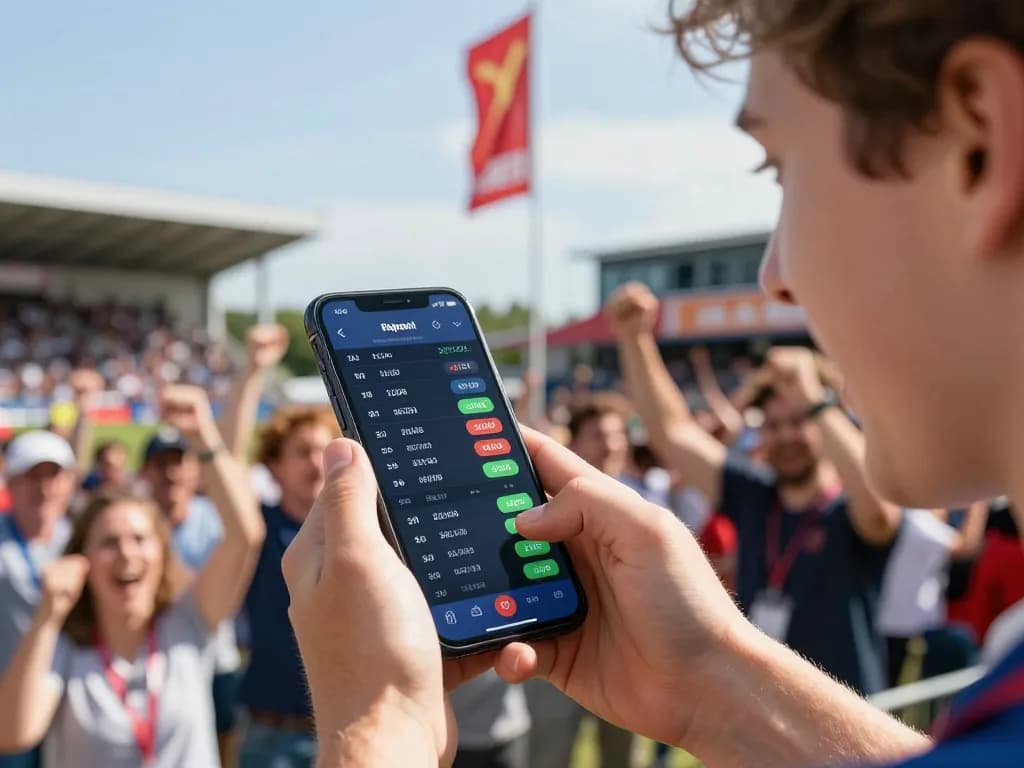 Excited sports bettor checking lịch thi đấu bóng đá on mobile app during a game.