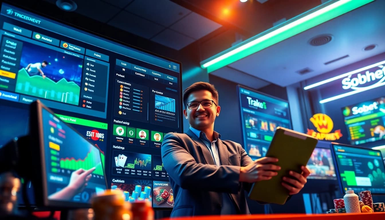 A lively digital betting interface at sbobet.dance showcasing diverse games and friendly support.