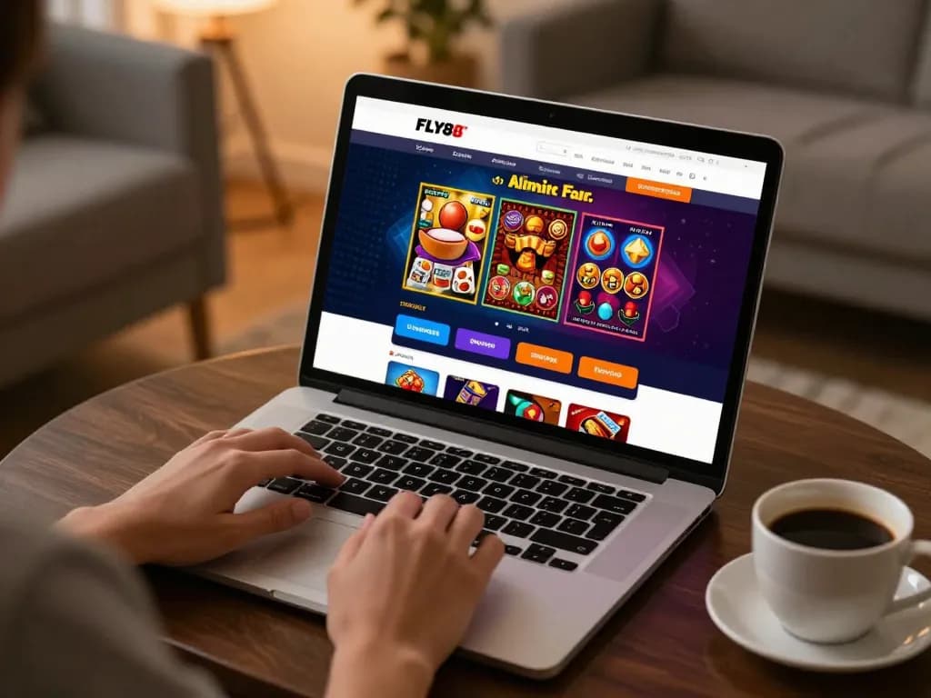 FLY88 online casino interface vibrant gameplay displayed on a laptop in a cozy home setting