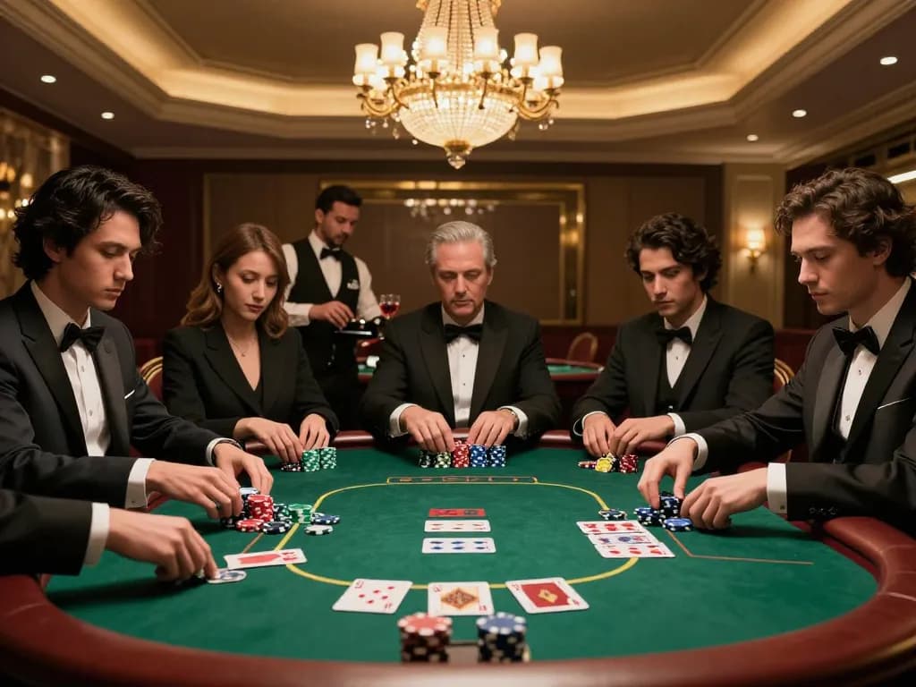 Players engaging in strategic gameplay at HDBET poker table during an upscale casino night.