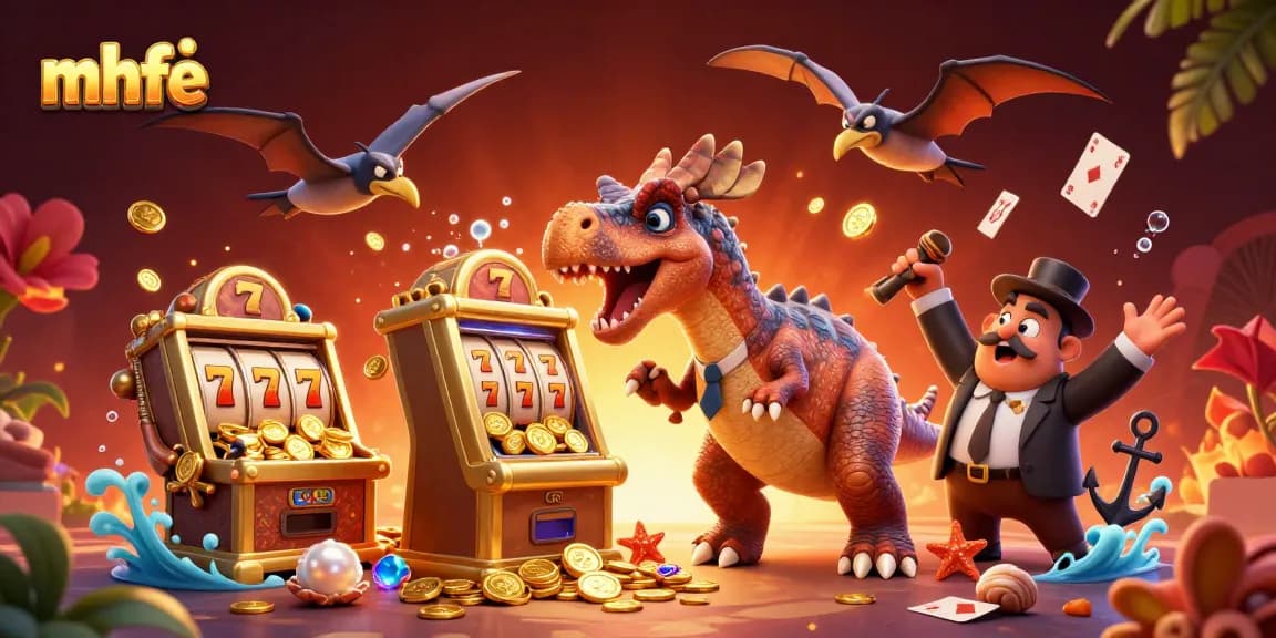 Experience the thrill of mhfe as a dinosaur brings luck at a colorful slot machine, surrounded by casino fun.
