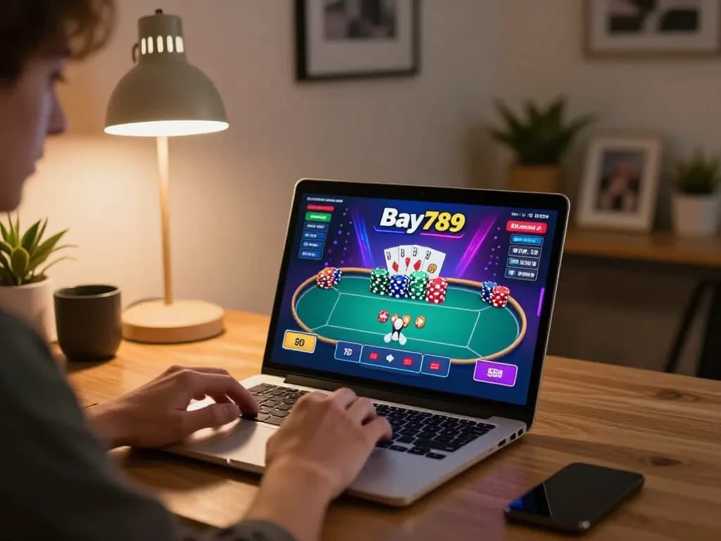 Engaging online gaming scene featuring Bay789, showcasing a player strategizing a poker game on their laptop.