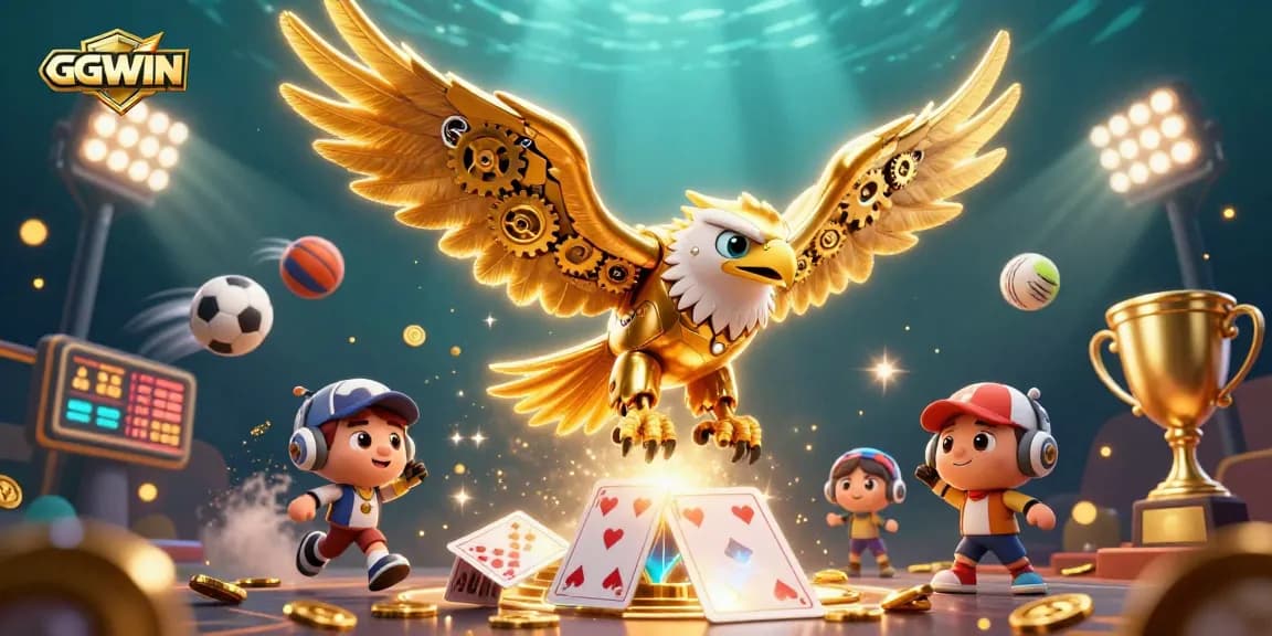 Experience thrilling gameplay with GGWIN, featuring a cybernetic eagle diving through holographic cards amidst vibrant sports elements.