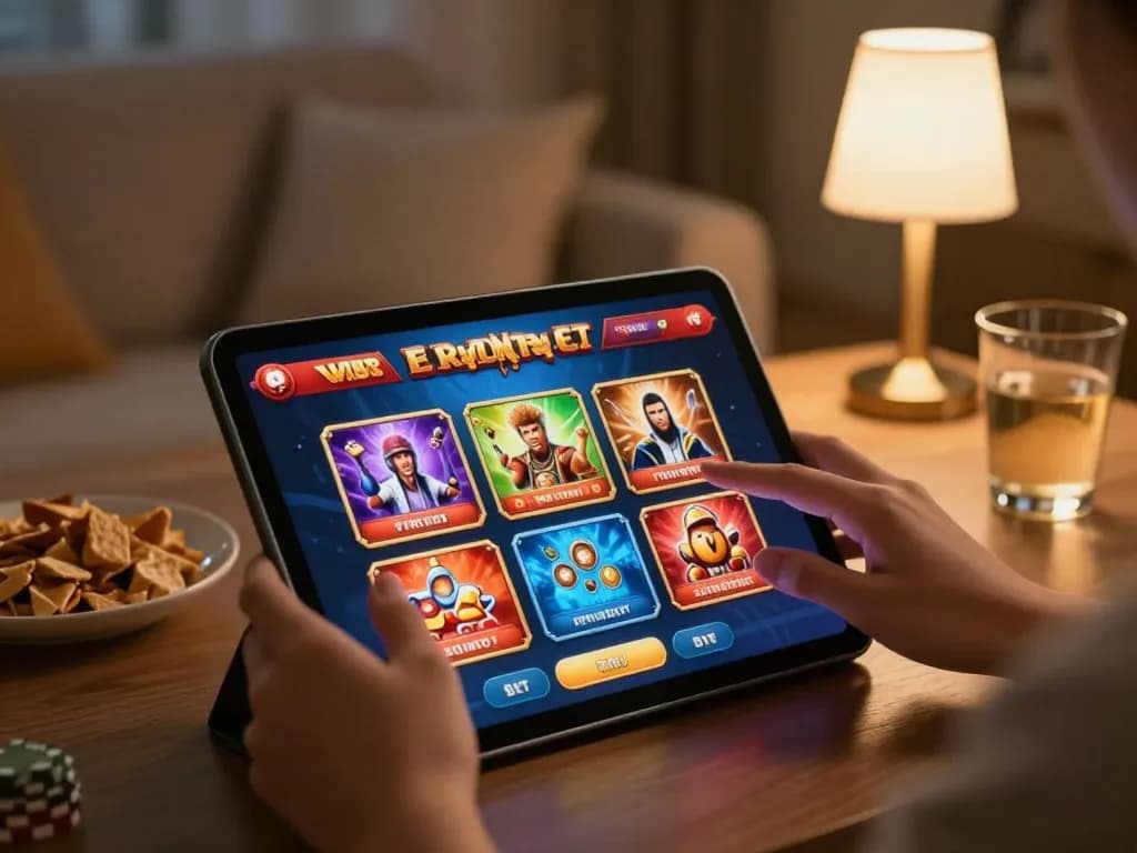 TR88 online gaming experience on a tablet, showcasing interactive casino games at home.