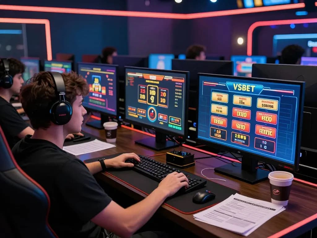 Gamer strategizing with VSBET online casino games on multiple screens in a professional setup.