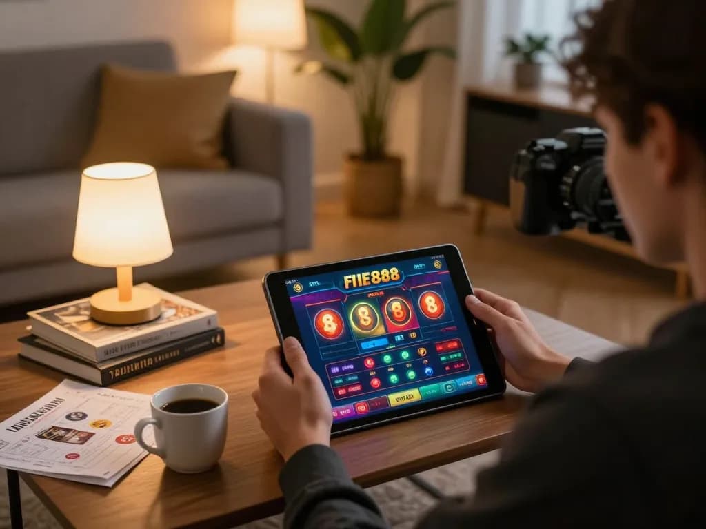 Player engaged in five88 online casino gaming on a tablet, showcasing a cozy and responsible gaming environment.