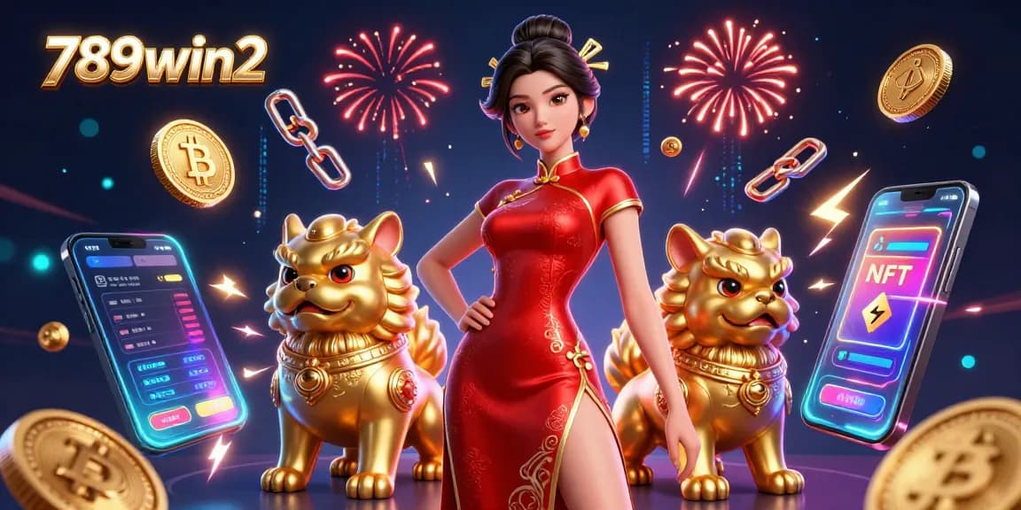 Engage with the 789win2 online casino experience featuring a glamorous Asian woman and golden foo dogs.