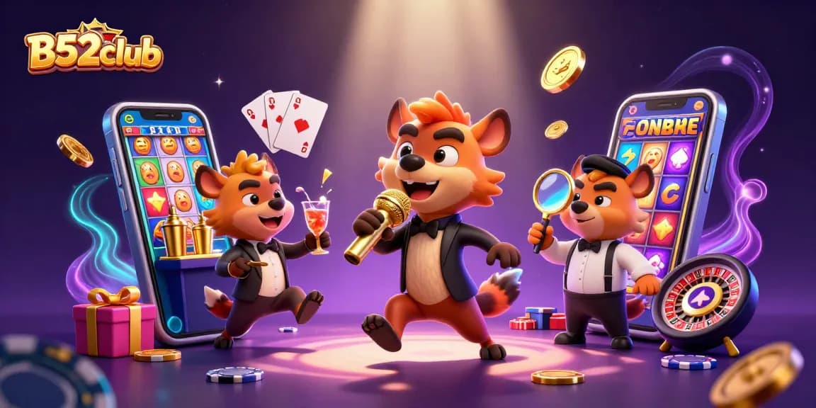 Engage with B52club's vibrant casino scene, featuring dynamic hyenas in a gaming club.