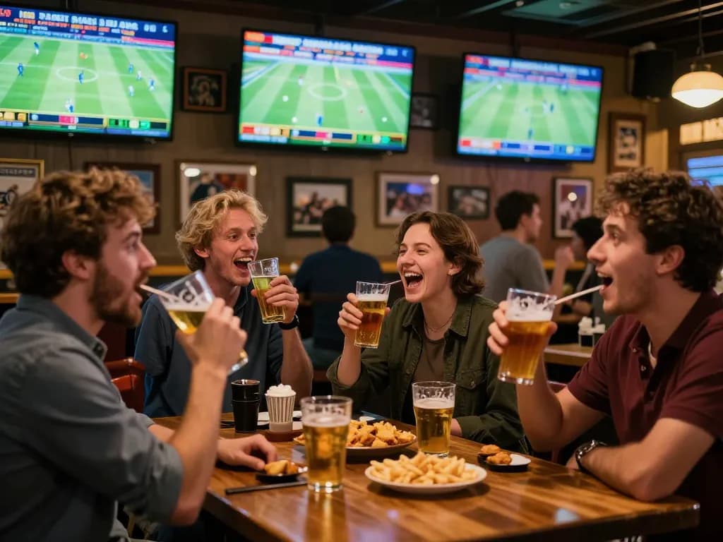 Friends engaging in sports betting at a lively bar, showcasing the excitement of tylekeonhacai88 during a football event.
