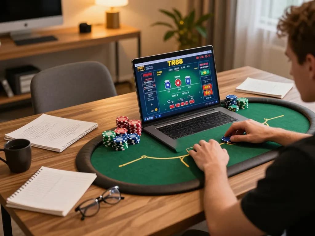 Player engaging in online casino gameplay at TR88 with a laptop, showcasing a poker game interface