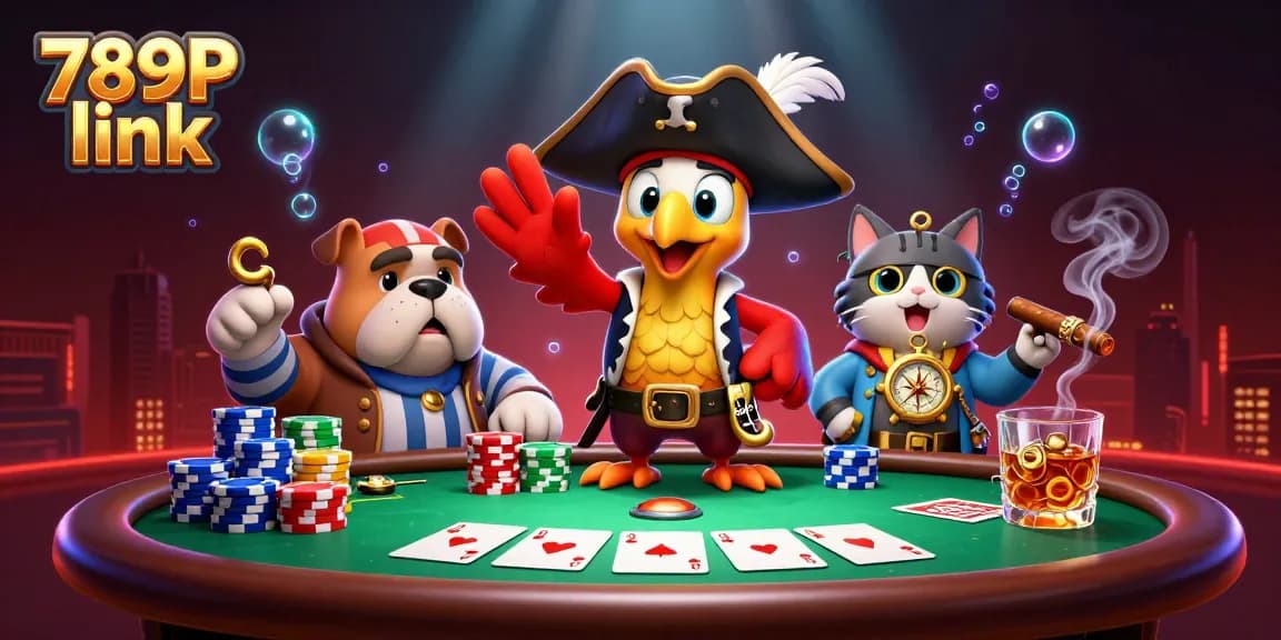 Engage in thrilling action with the 789P link as casino characters strategize around a vibrant poker table.