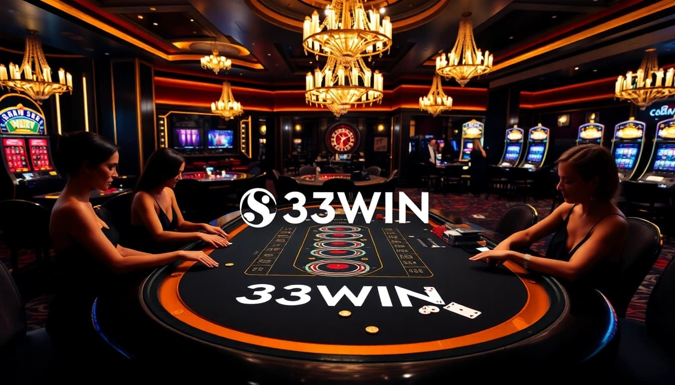 Players enjoying a thrilling game at the 33WIN blackjack table in a luxurious casino setting.