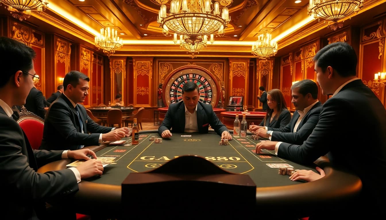 Intense card game action at the GA888 poker table amid a luxurious casino atmosphere.