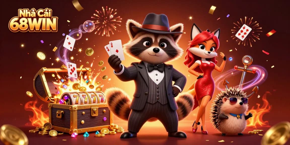Experience exciting wins at Nhà Cái 68WIN with this vibrant casino adventure scene featuring colorful games and characters.