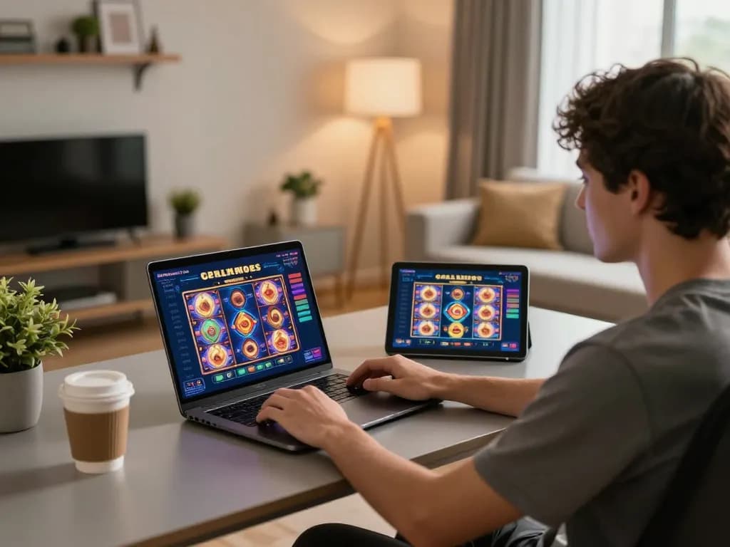 Player engaging with qh88go gaming interface on laptop, showcasing vibrant online slots