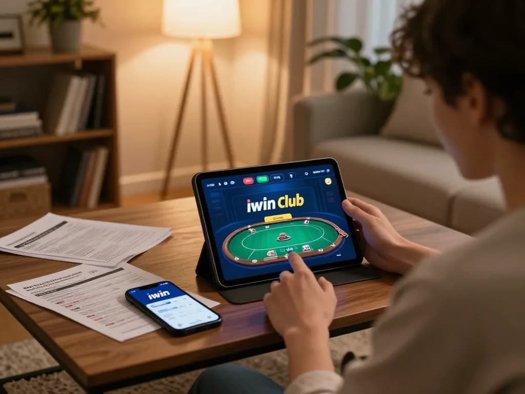 Playing poker on iwin club app during cozy home gaming night with tablet and strategy notes.