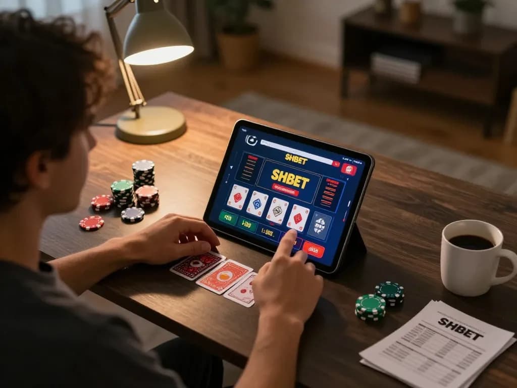 Engaging online gambling moment with SHBET displayed on a tablet at home