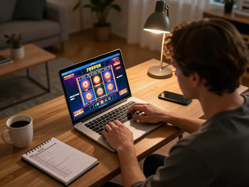 Engaging online gaming scene featuring player immersed in 789p casino slot action