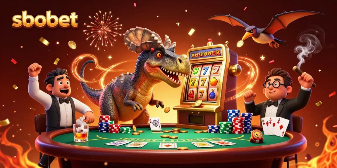 SBOBET features a dinosaur-themed illustration with a pachycephalosaurus activating a jackpot.