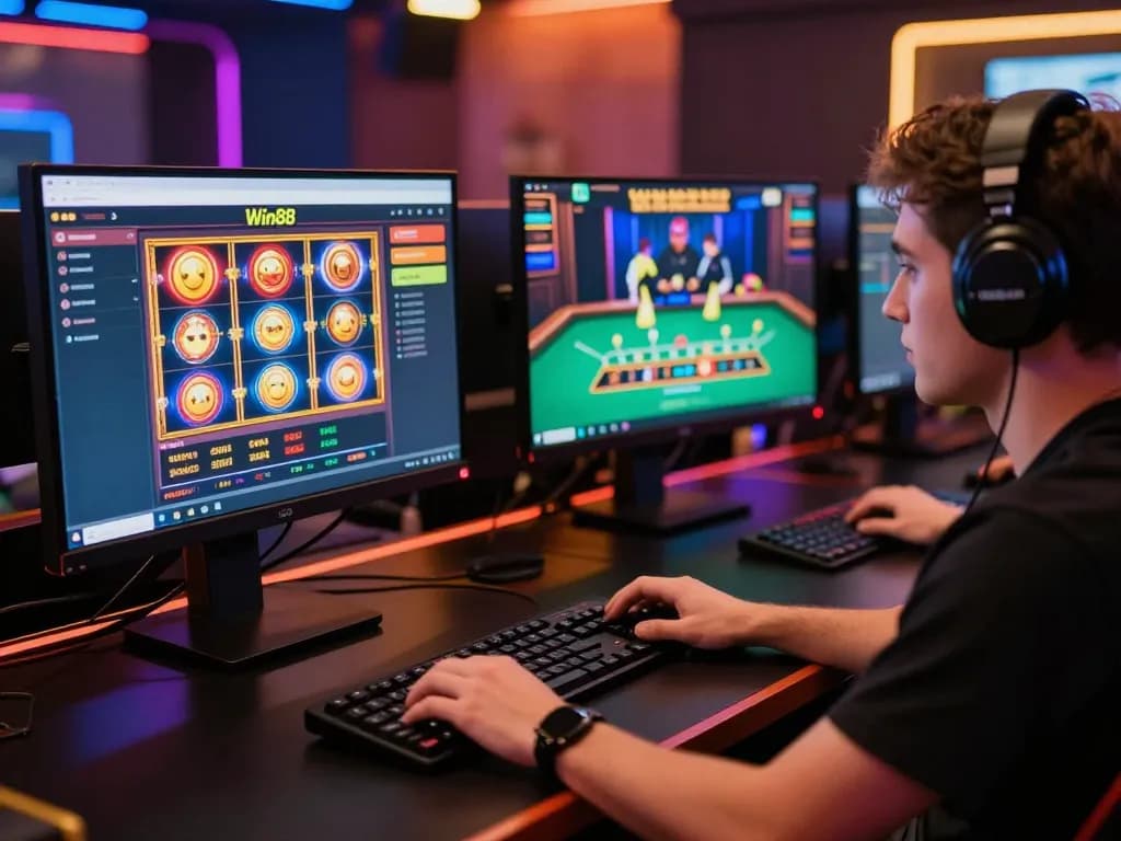 Engaged player using Win88 for online casino gaming with vibrant slot games on screen.