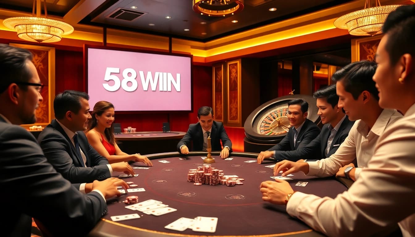 Engaging poker game scene featuring the 58WIN brand, highlighting poker chips and players.