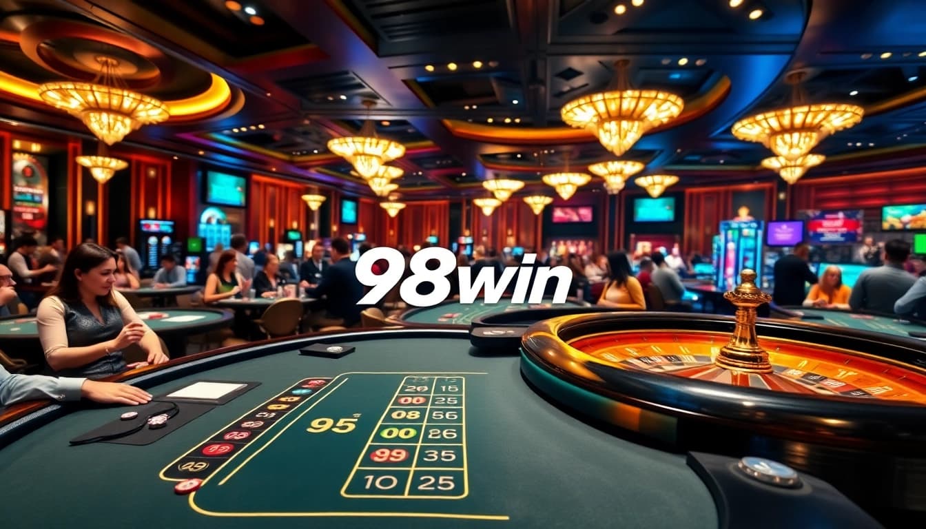 Gambling scene at 98win casino featuring blackjack tables, chips, and vibrant atmosphere.