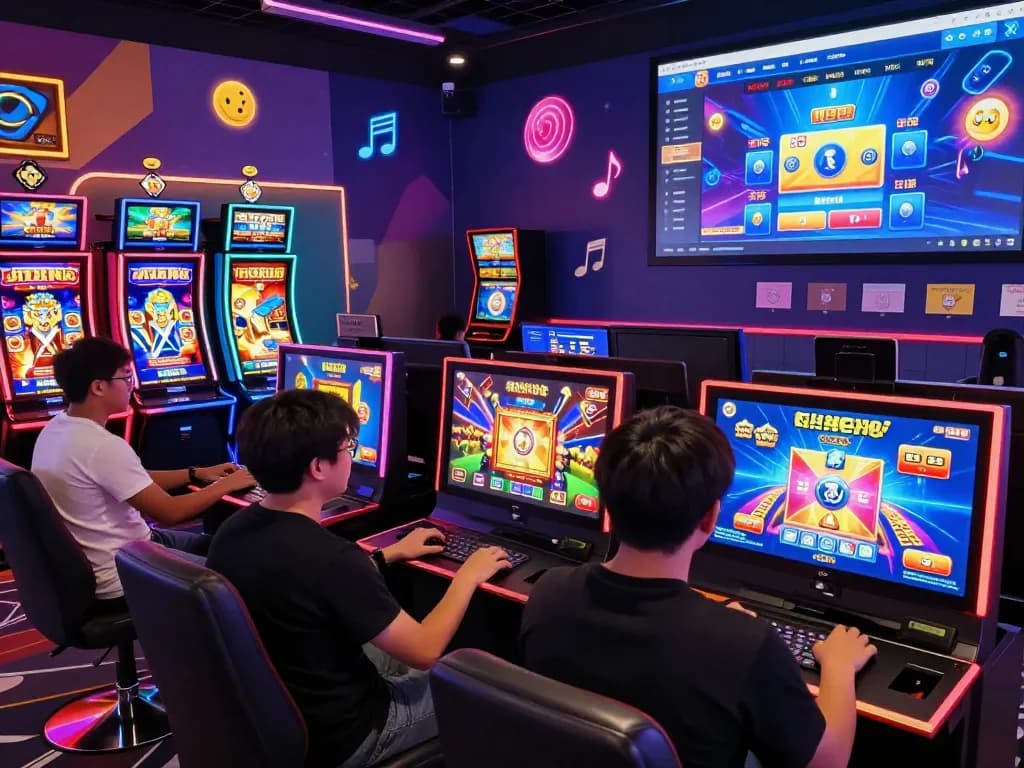 Engaging online gaming experience with players enjoying sun win slot machines and card games in a vibrant virtual casino atmosphere.