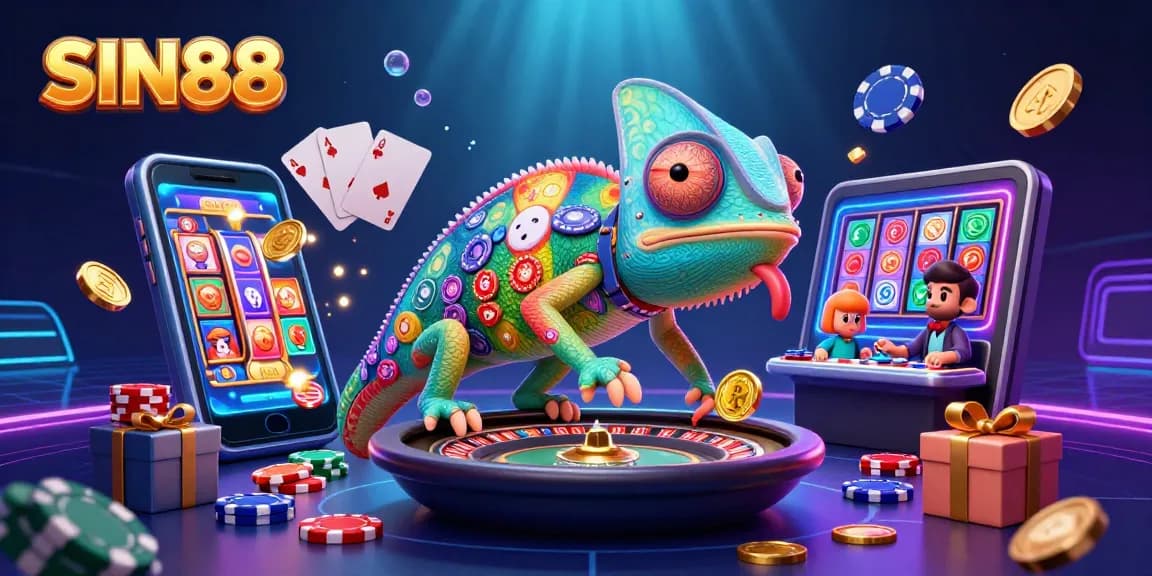 SIN88 chameleon casino owner engaging with games and coins in vibrant atmosphere