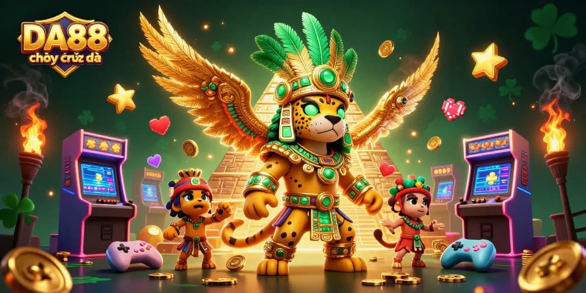 Experience DA88 chơi cực đã with a vibrant 3D gambling scene showcasing a Mayan priest, arcade games, and dynamic gaming elements.