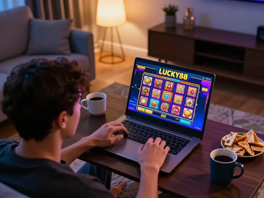 Engaging gameplay of LUCKY88 slot on a laptop in a cozy home setting, depicting an online gambling experience.