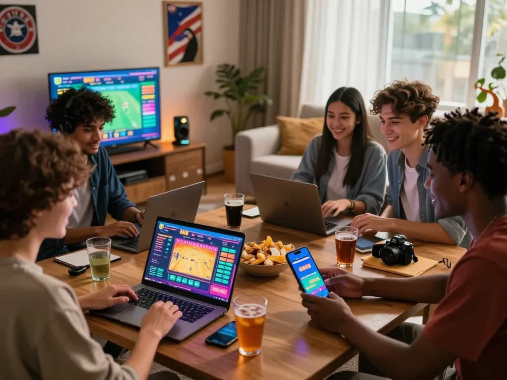 Friends enjoying an online betting game experience on the MM88 platform in a vibrant living room setting.