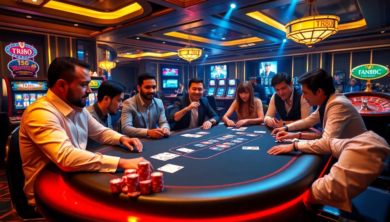 Players enjoying poker at TR88 casino table, surrounded by thrilling gaming elements.