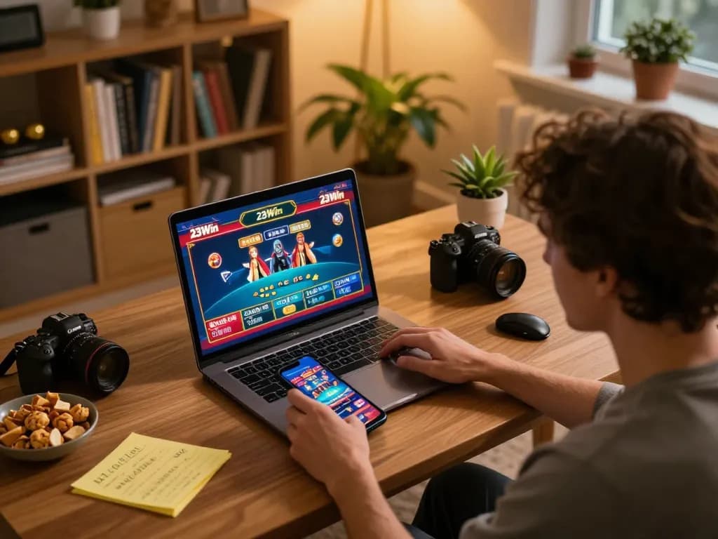 Engaging online casino session with 23Win, showing player intently gaming at home.