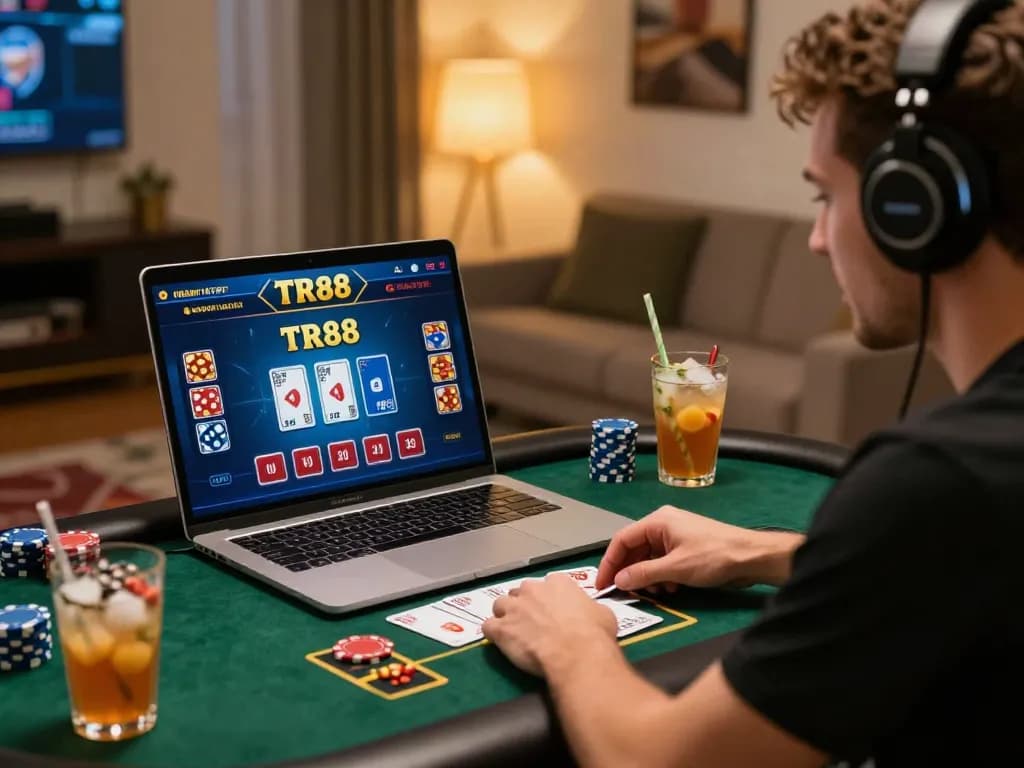 Engaged player at TR88 online casino enjoying live dealer games from home with drinks and excitement.