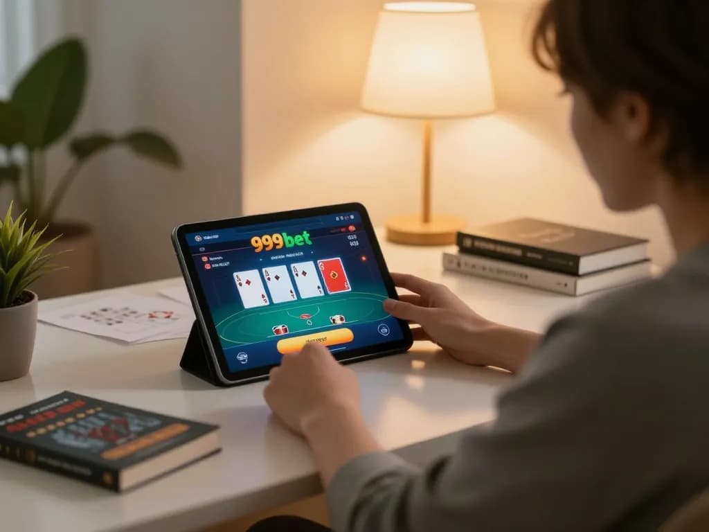 Engaging in online gambling with 999bet on tablet in cozy home setting.