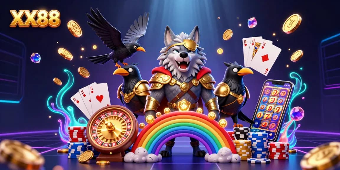 Engage with the vibrant gaming world of XX88, showcasing Odin and ravens amidst a dazzling casino scene.