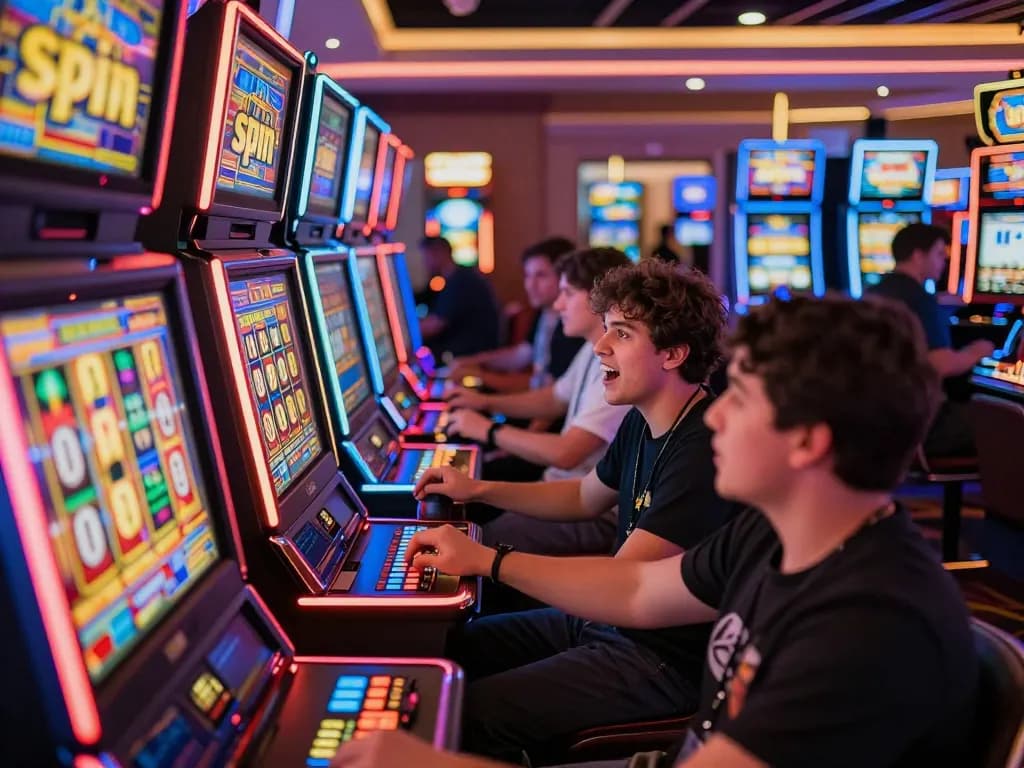 Player enjoying slot gacor action on colorful machines with eager anticipation in lively casino.