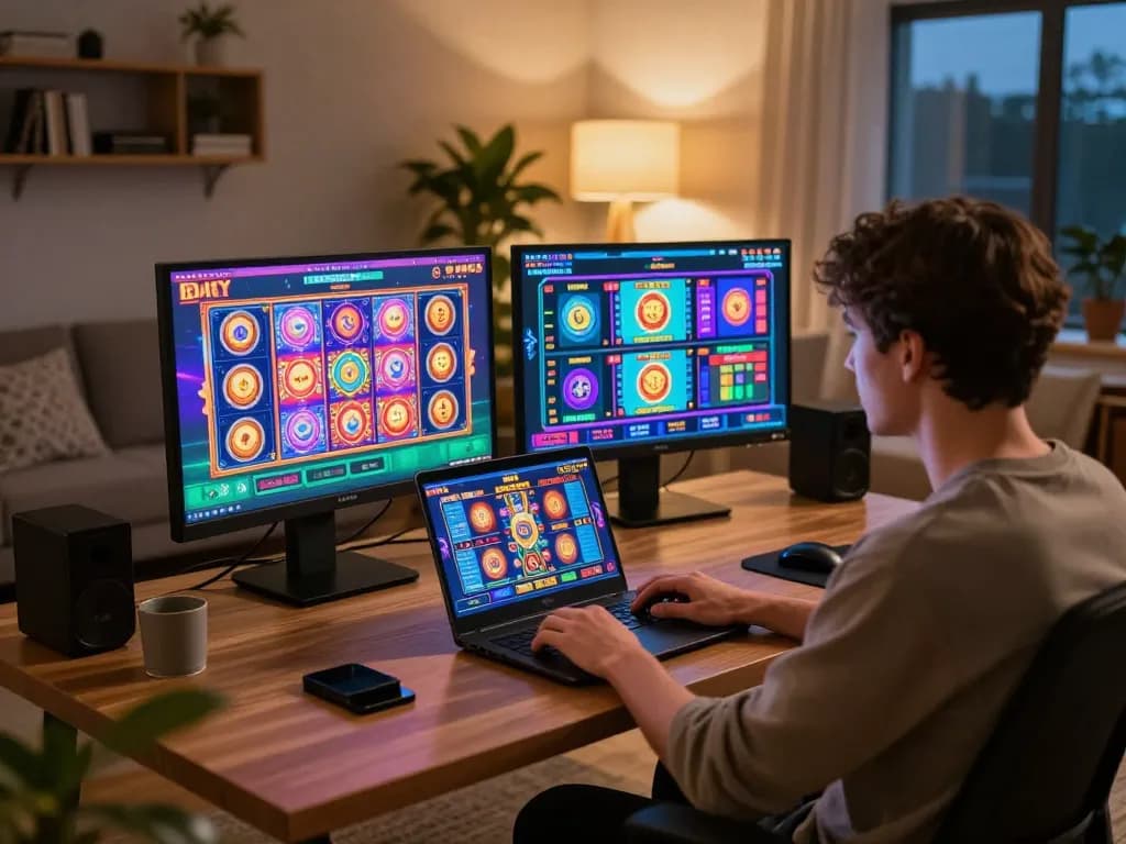 KU3933 player enjoying online slot games in a cozy living room setting