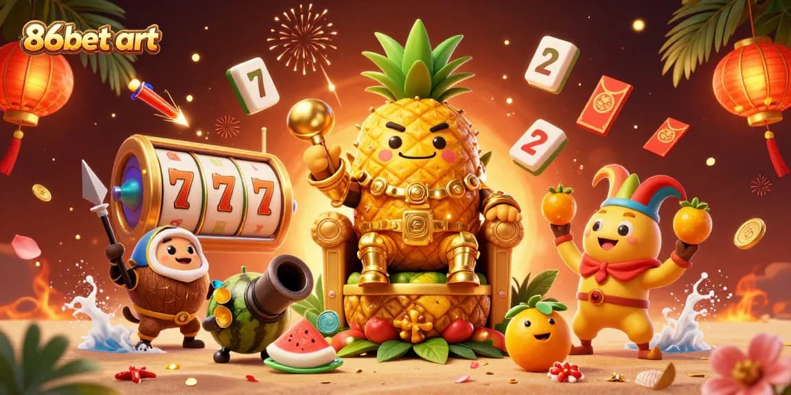 Engage with the vibrant scene from 86bet art featuring a golden pineapple king amid casino action and colorful elements.