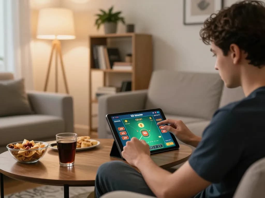 Engaging in tài xỉu online gaming on a tablet in a cozy living room setting.
