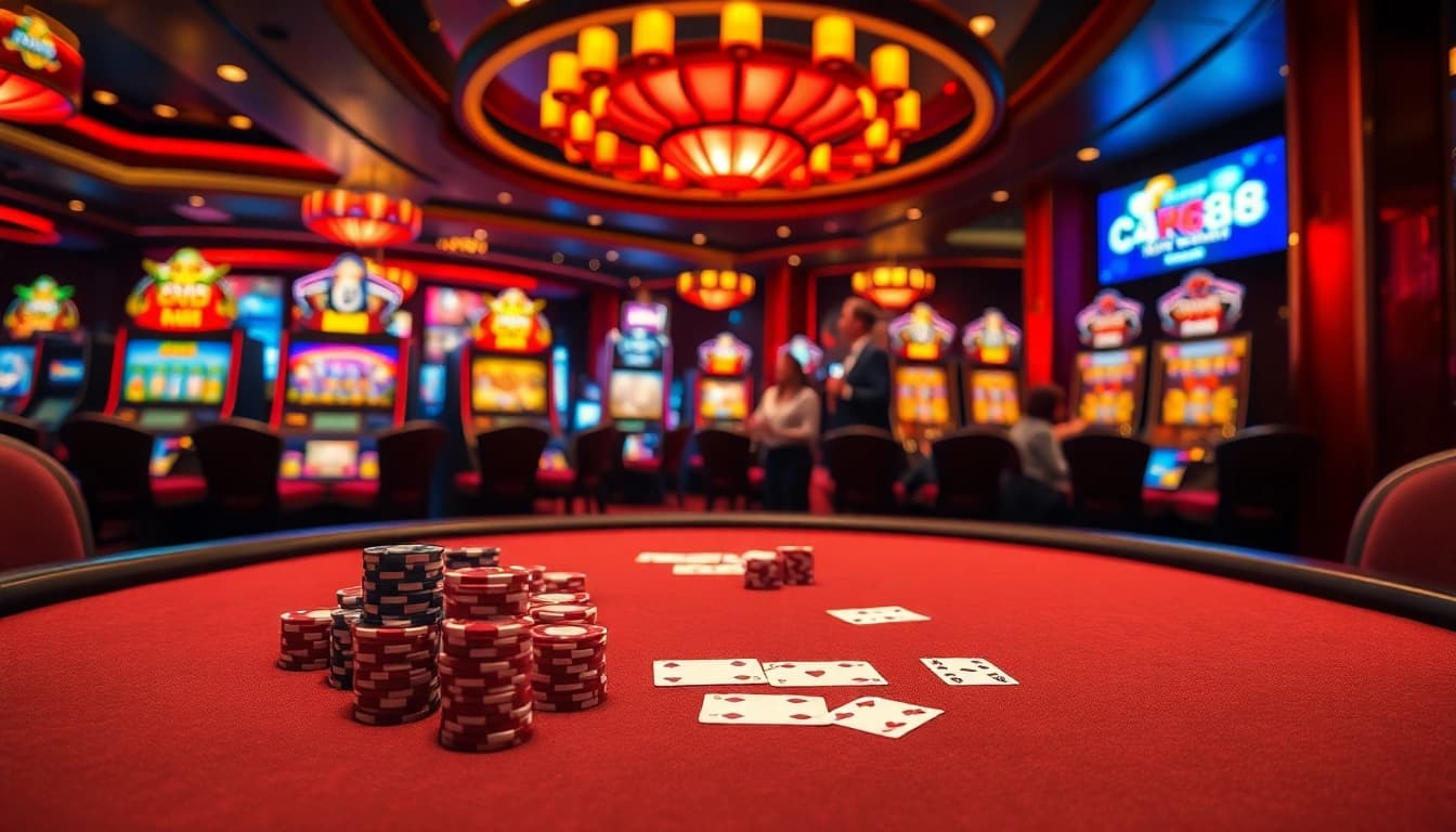 Exciting gameplay at Kp88 casino with vibrant slot machines and poker tables ready for action.