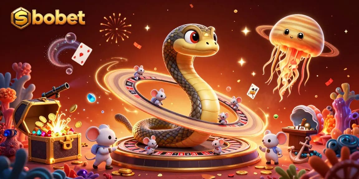 Experience sbobet's thrilling atmosphere with a cosmic roulette scene featuring playful betting mice and a jellyfish dealer.
