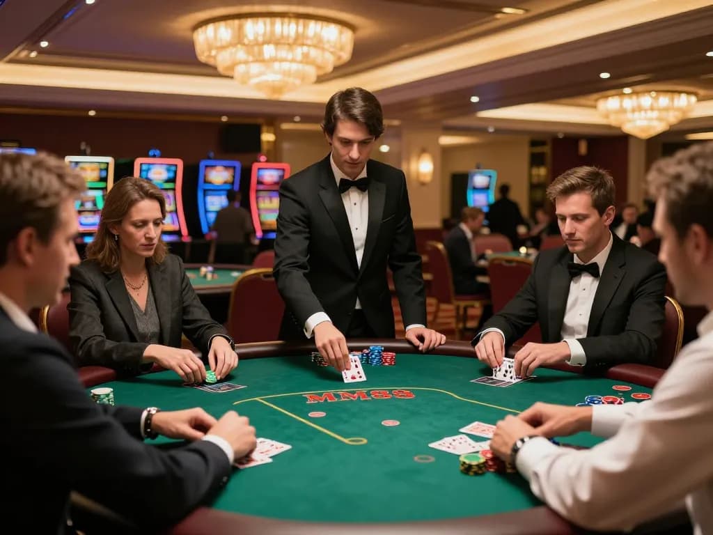 Players at an MM88 poker table strategizing their hands amidst luxury casino ambiance.