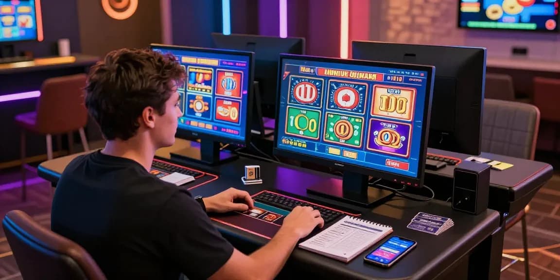 Player enjoying a thrilling gaming experience at casinos that accept credit cards, with vibrant slot displays and gaming setup.