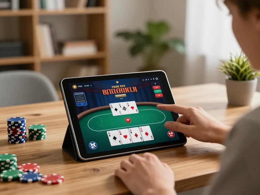 SIN88 player strategizing online poker at home with a tablet, chips visible on screen