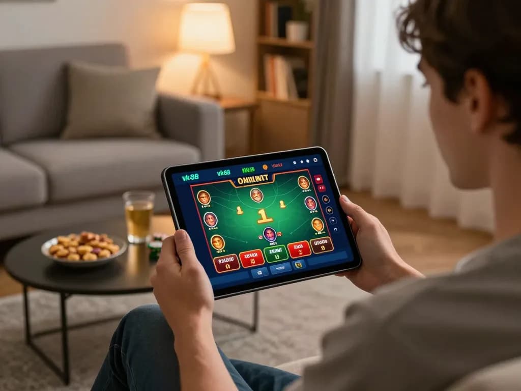 Engaging in vk88 online casino games on a tablet in a cozy home setting with warm lighting.