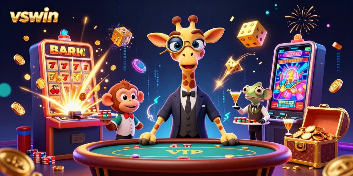Experience thrilling gameplay with VSWIN's vibrant casino scene featuring a high-roller giraffe, slot machine, and energetic decor.