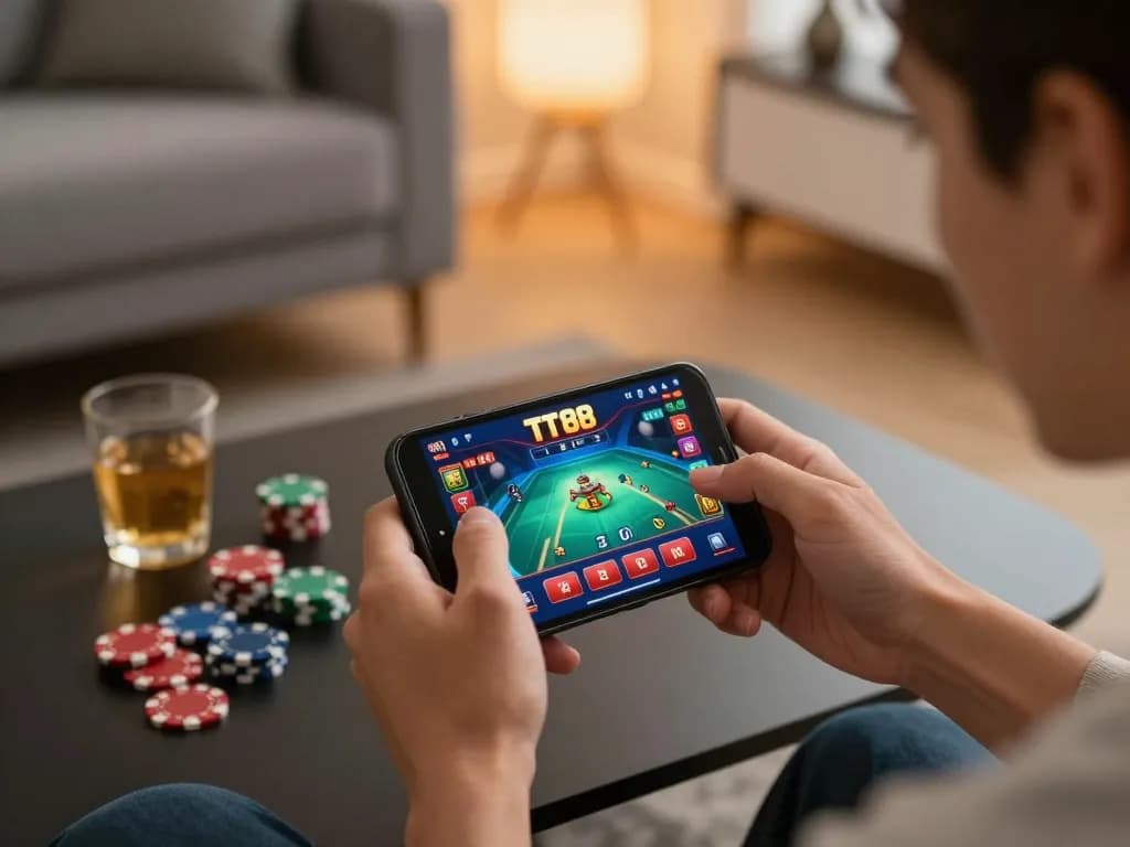 Gamers enjoying the TT88 app with engaging online casino games, showcasing responsible gambling.