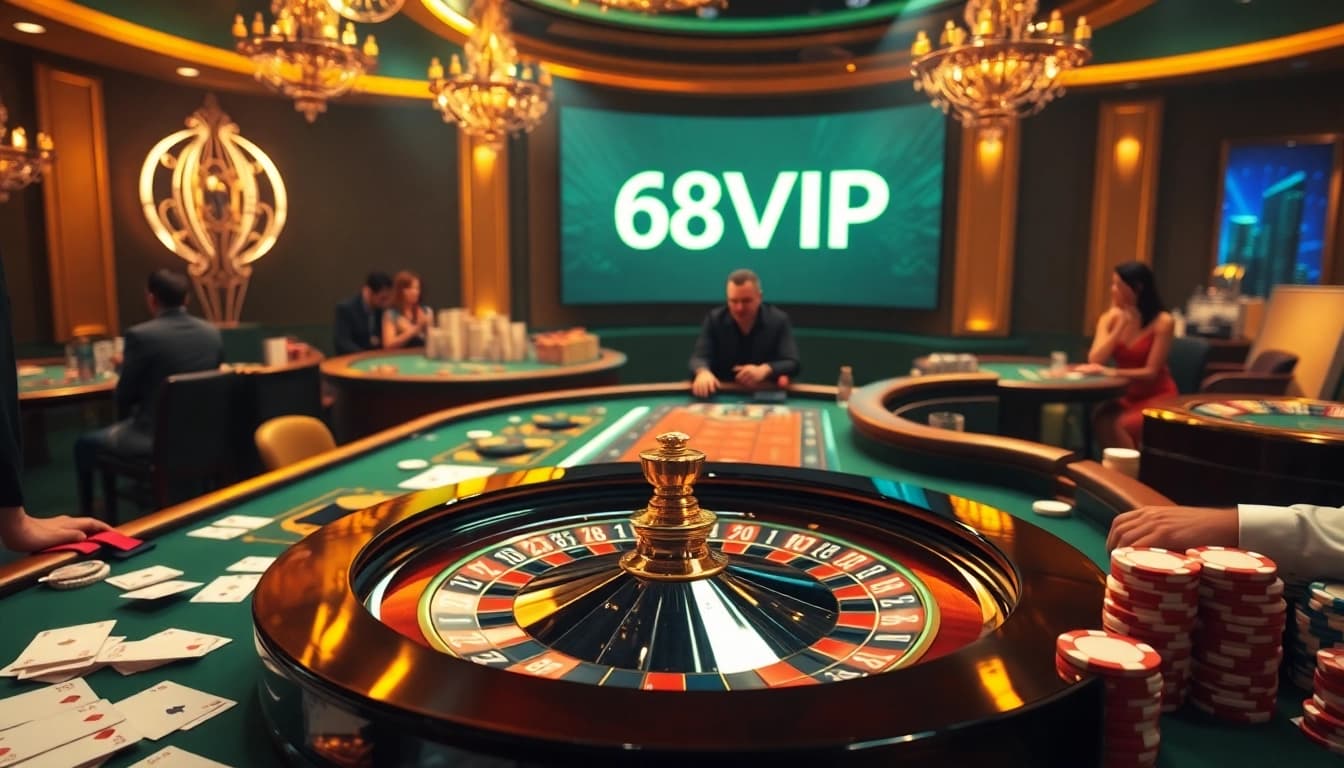 Experience thrilling gameplay at 68VIP casino, featuring vibrant roulette tables and exciting poker action.