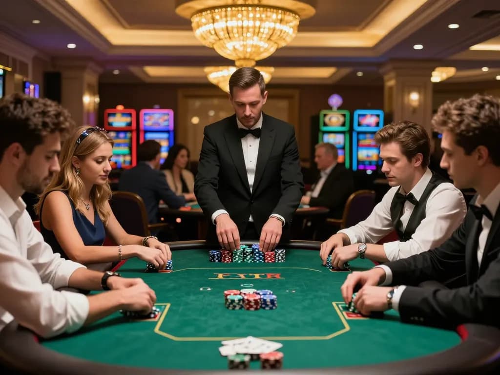 Players strategizing at LV88 poker table in upscale casino environment